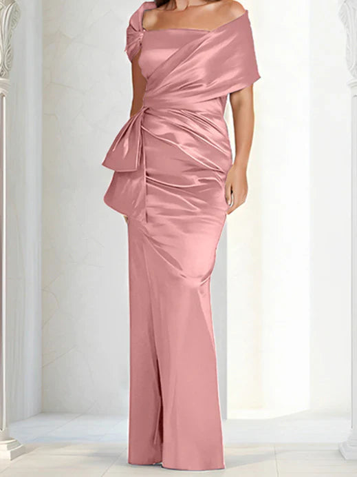 Tight fitting/column off shoulder to ground length mother of the bride dresses