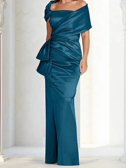 Tight fitting/column off shoulder to ground length mother of the bride dresses