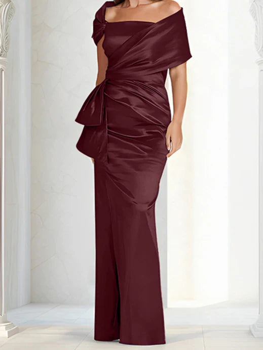 Tight fitting/column off shoulder to ground length mother of the bride dresses