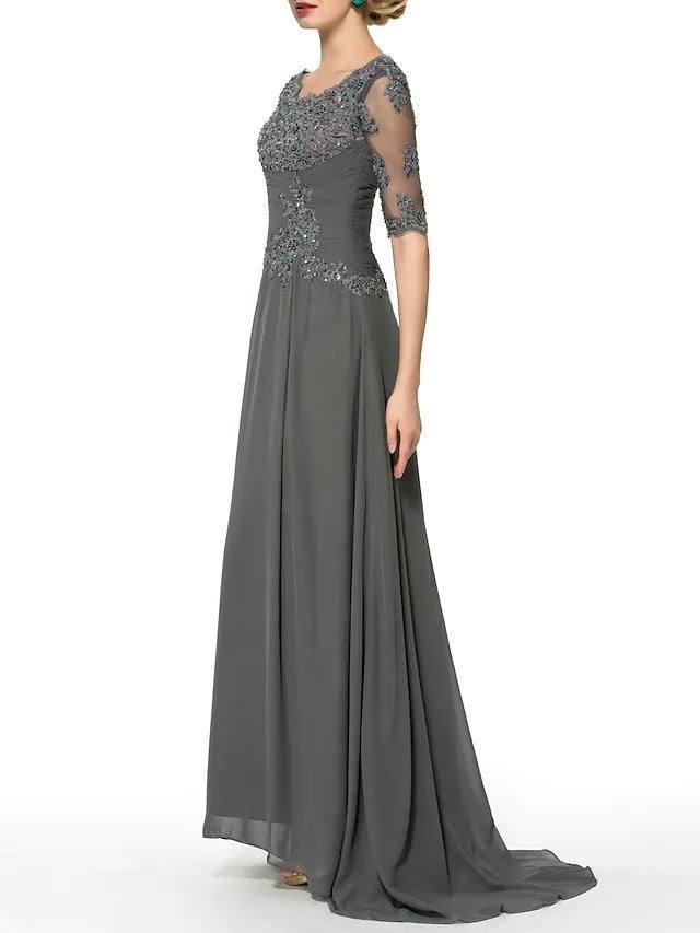 Sheath / Column Mother of the Bride Dress Elegant Sparkle & Shine Jewel Neck Sweep / Brush Train Chiffon Half Sleeve with Beading Sequin Appliques - RongMoon