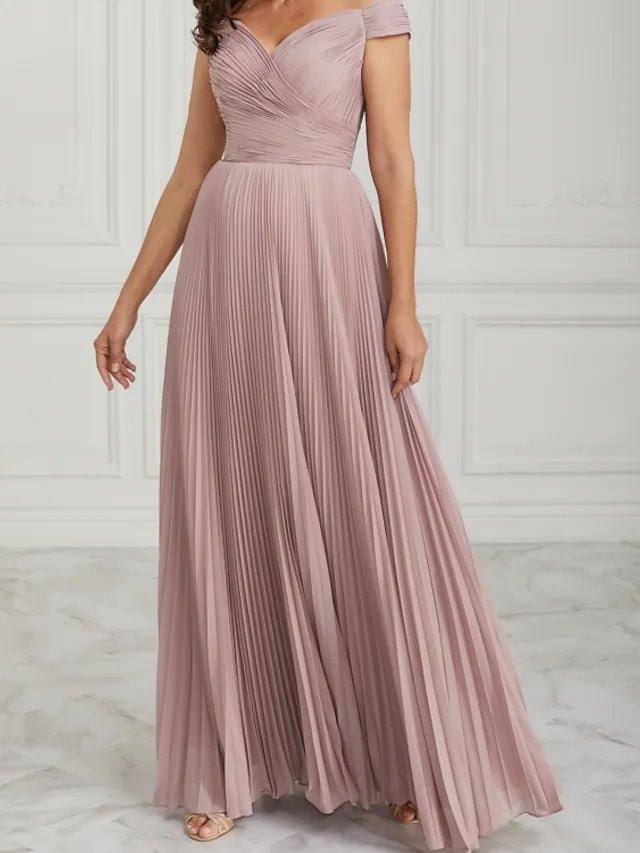 A-Line Mother of the Bride Dress Elegant Off Shoulder Floor Length Chiffon Sleeveless with Pleats Ruching - RongMoon
