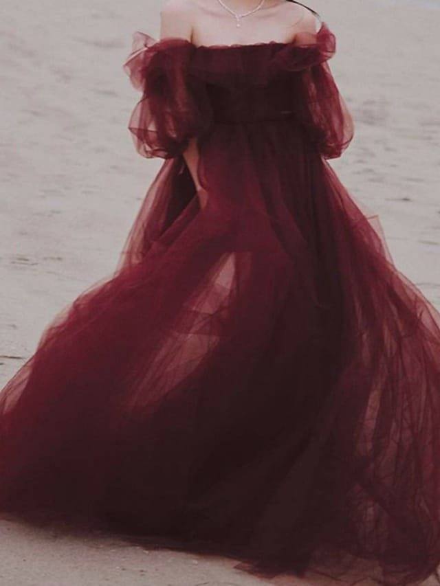 A-Line Minimalist Elegant Wedding Guest Formal Evening Dress Off Shoulder Half Sleeve Floor Length Tulle with Overskirt - RongMoon