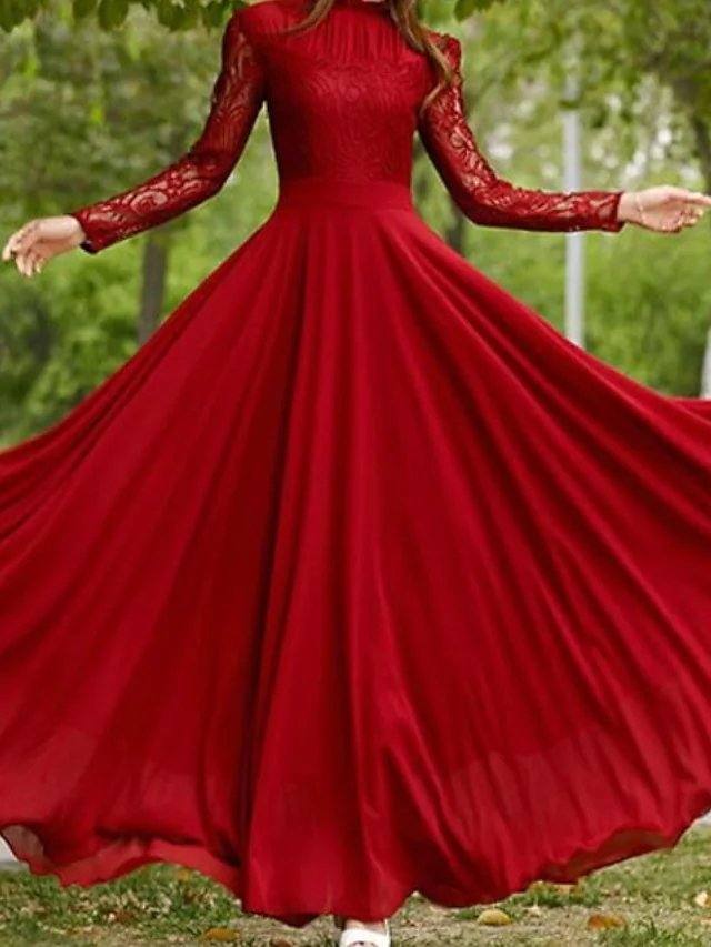 A-Line Luxurious Vintage Wedding Guest Formal Evening Dress Jewel Neck Long Sleeve Sweep / Brush Train Chiffon Lace with Pleats - RongMoon