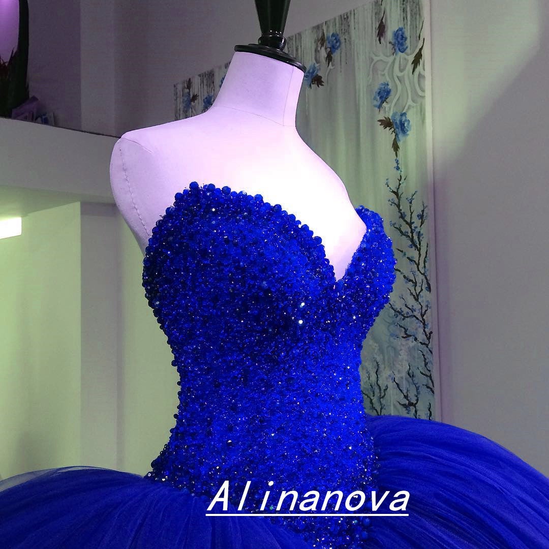 Fully Crystal Beaded Bodice Corset Royal Blue Wedding Dresses Ball Gowns