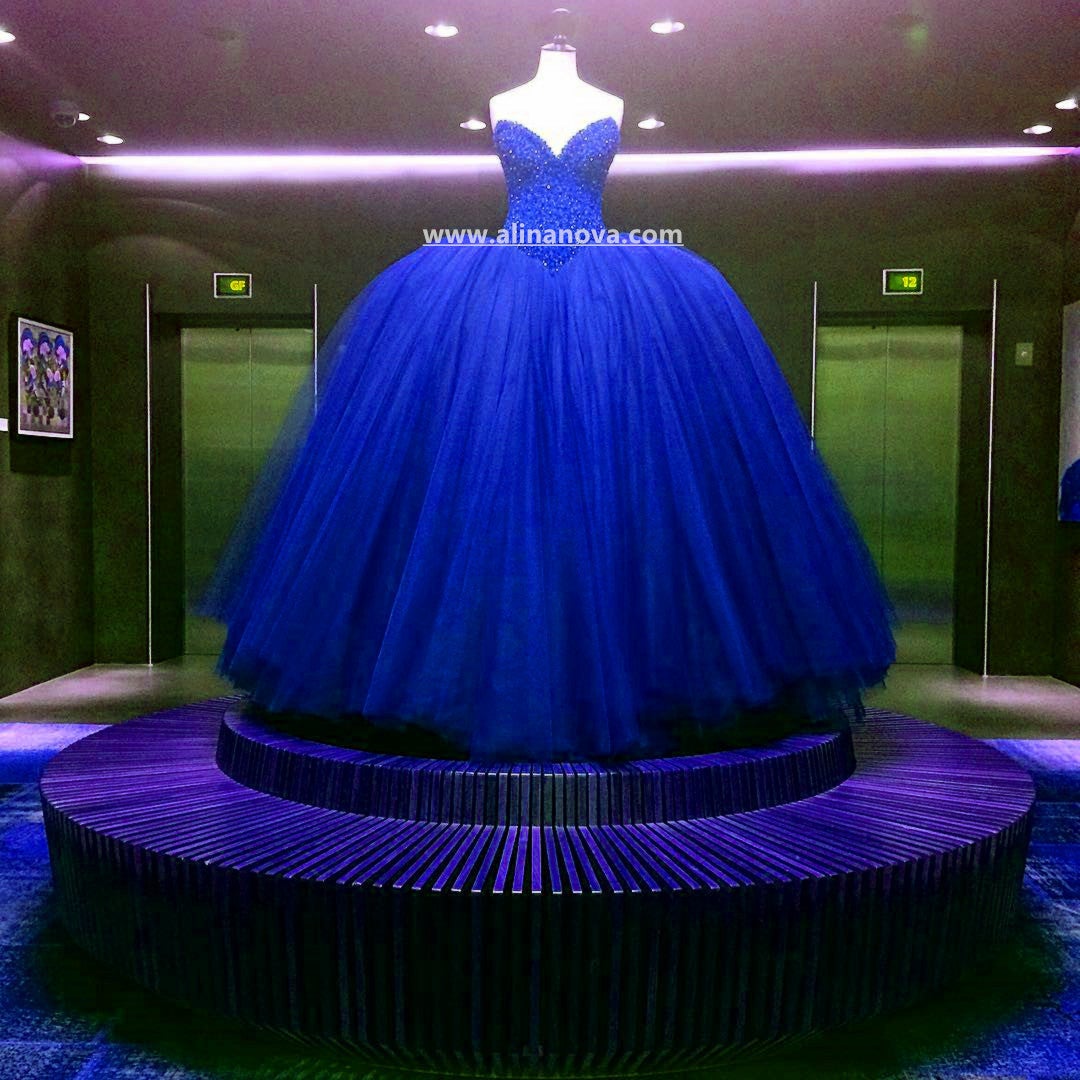 Fully Crystal Beaded Bodice Corset Royal Blue Wedding Dresses Ball Gowns