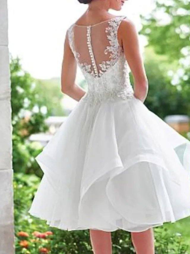 A-Line Wedding Dresses V Neck Knee Length Lace Organza Sleeveless Vintage 1950s with Appliques Cascading Ruffles - RongMoon