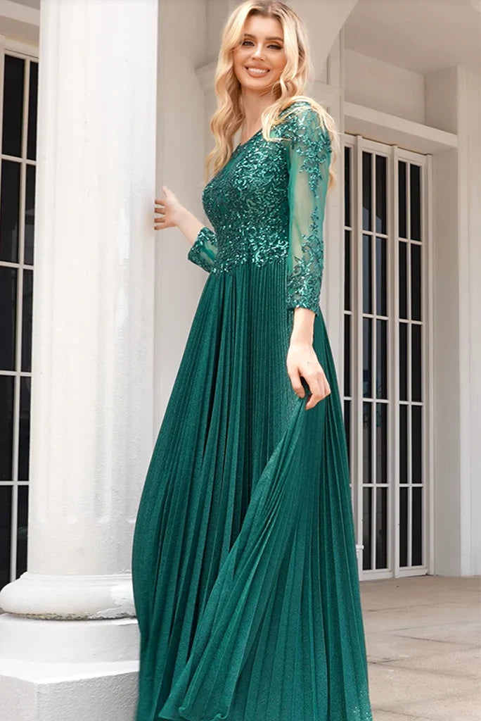 Noble sparkling A-shaped green low round neck long sleeved and ground length beaded Mother Of The Bride Dresses