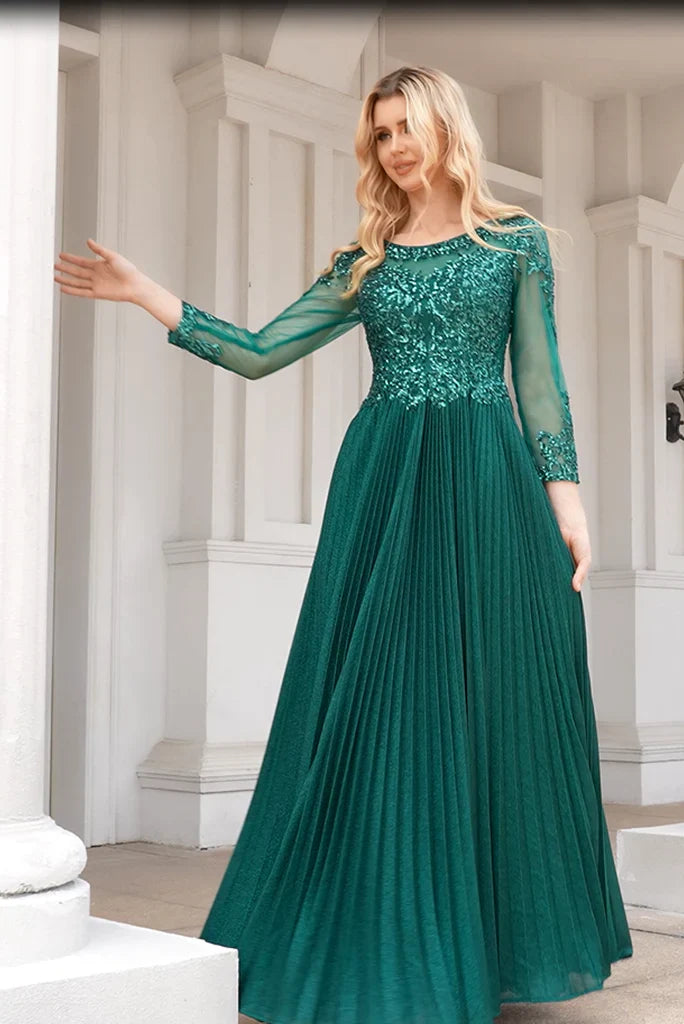 Noble sparkling A-shaped green low round neck long sleeved and ground length beaded Mother Of The Bride Dresses