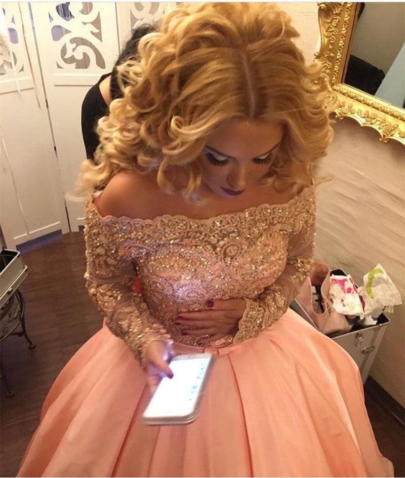 Gold Lace Long Sleeves Pink Satin Bow Back Wedding Dresses Ball Gowns