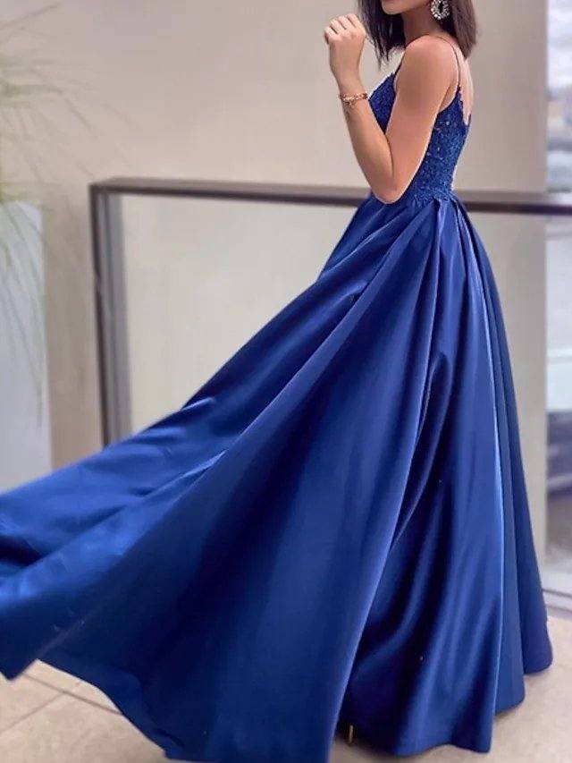 A-Line Minimalist Sexy Party Wear Prom Dress V Neck Spaghetti Strap Sleeveless Floor Length Lace Satin with Pleats Appliques - RongMoon