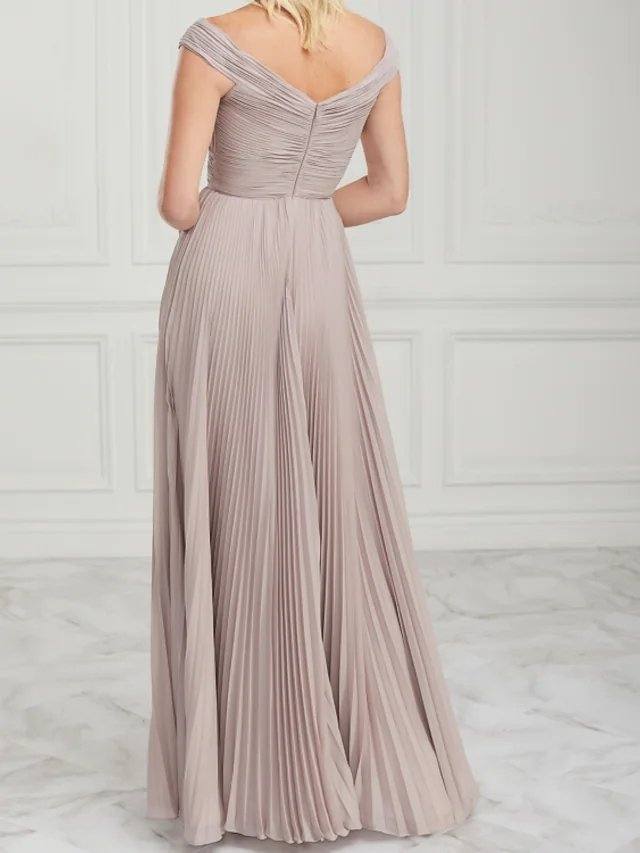 A-Line Mother of the Bride Dress Elegant Off Shoulder Floor Length Chiffon Sleeveless with Pleats Ruching - RongMoon