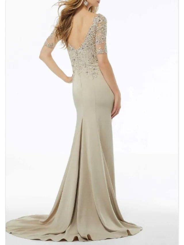 Mermaid / Trumpet Mother of the Bride Dress Elegant V Neck Sweep / Brush Train Lace Charmeuse Short Sleeve with Lace Beading Appliques - RongMoon