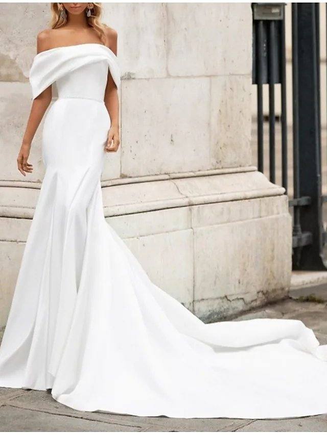 Mermaid / Trumpet Wedding Dresses Off Shoulder Court Train Satin Short Sleeve Romantic Plus Size Modern with Bow(s) - RongMoon