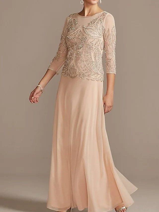 Sheath / Column Mother of the Bride Dress Elegant Jewel Neck Floor Length Chiffon Half Sleeve with Pleats Beading - RongMoon