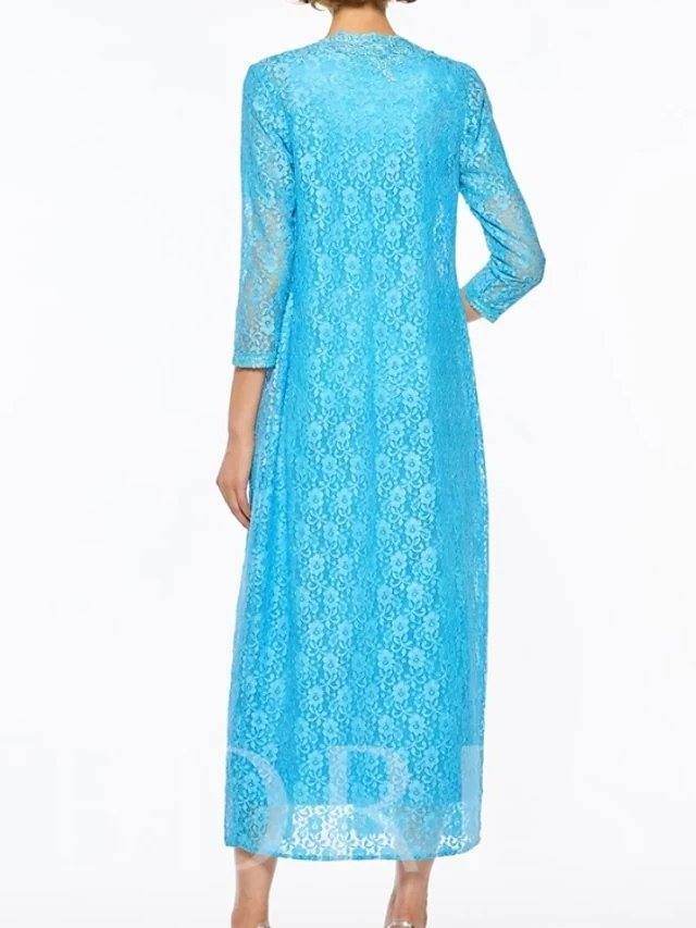 Two Piece Sheath / Column Mother of the Bride Dress Elegant Square Neck Ankle Length Lace 3/4 Length Sleeve with Lace - RongMoon