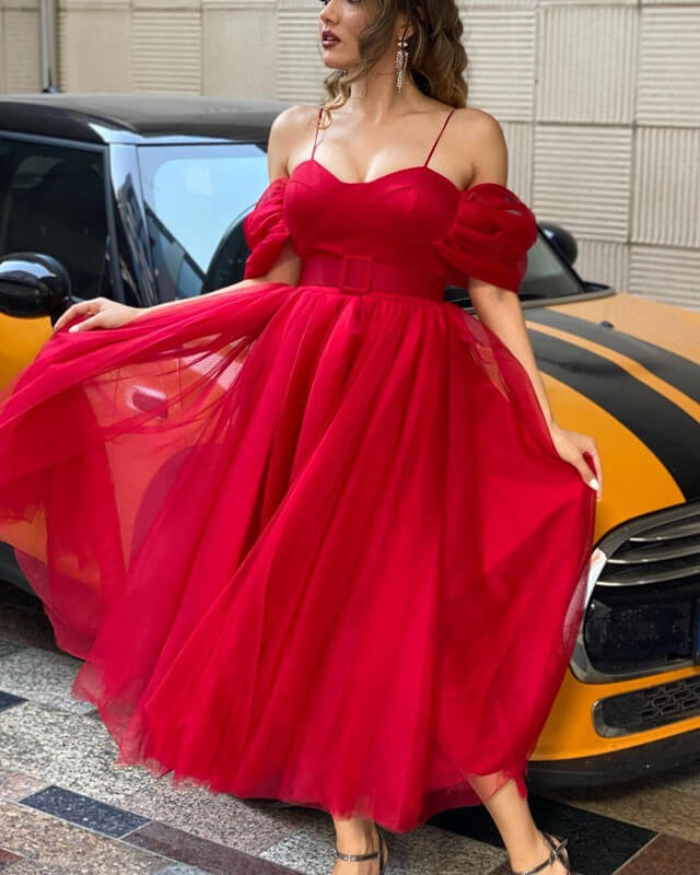 Yellow Tulle Midi Off-the-shoulder Dress