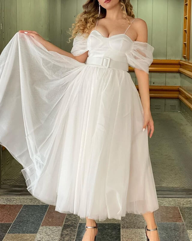 Yellow Tulle Midi Off-the-shoulder Dress