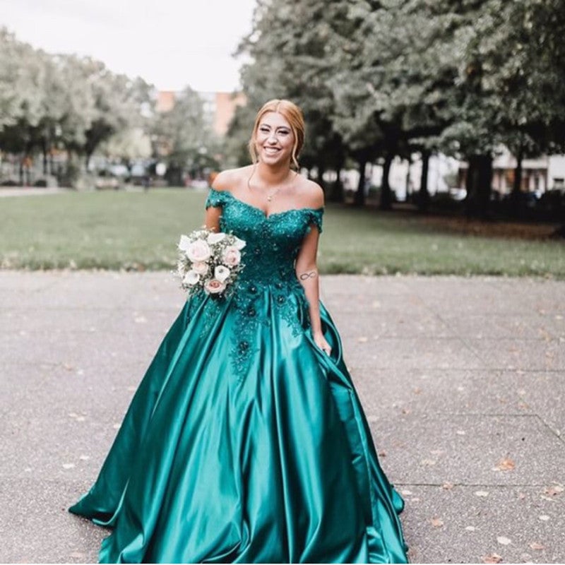 Hunter Green Satin Ball Gowns Wedding Dresses Lace Off The Shoulder