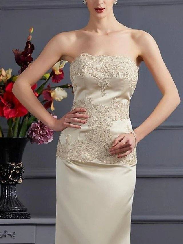 Two Piece Mermaid / Trumpet Mother of the Bride Dress Wrap Included Strapless Sweep / Brush Train Satin 3/4 Length Sleeve with Lace - RongMoon
