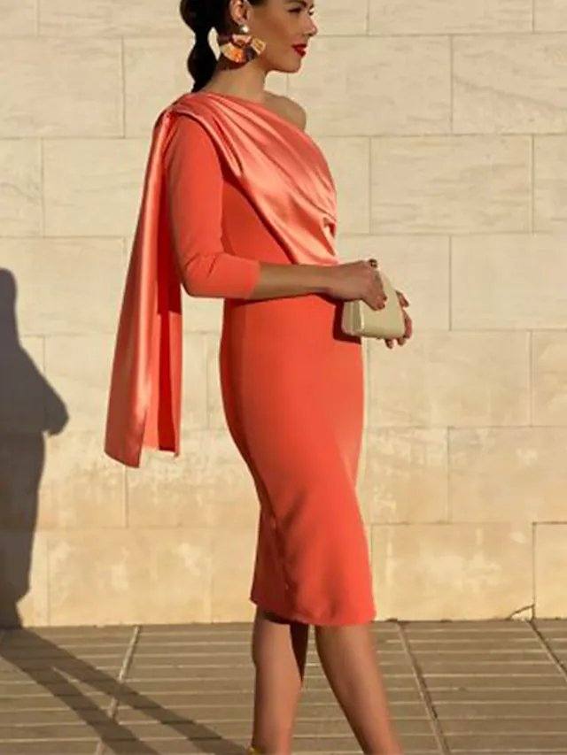 Sheath / Column Elegant Vintage Wedding Guest Cocktail Party Dress One Shoulder 3/4 Length Sleeve Knee Length Stretch Fabric with Draping - RongMoon