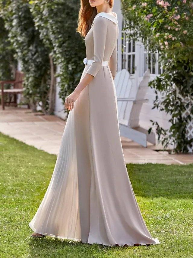 Sheath / Column Mother of the Bride Dress Elegant Jewel Neck Floor Length Chiffon Charmeuse 3/4 Length Sleeve with Sash / Ribbon Pleats Color Block - RongMoon