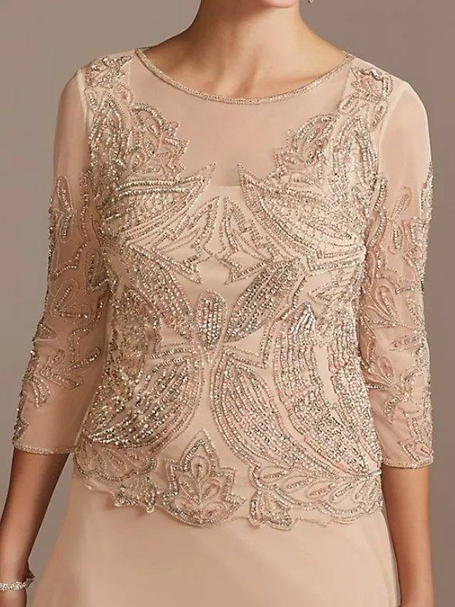 Sheath / Column Mother of the Bride Dress Elegant Jewel Neck Floor Length Chiffon Half Sleeve with Pleats Beading - RongMoon