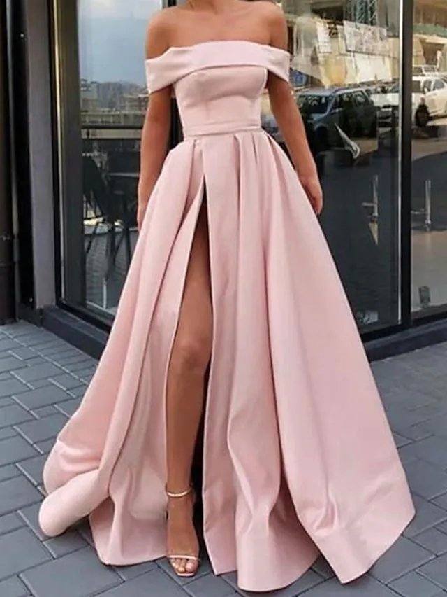 A-Line Minimalist Sexy Engagement Prom Dress Off Shoulder Sleeveless Floor Length Satin with Split - RongMoon