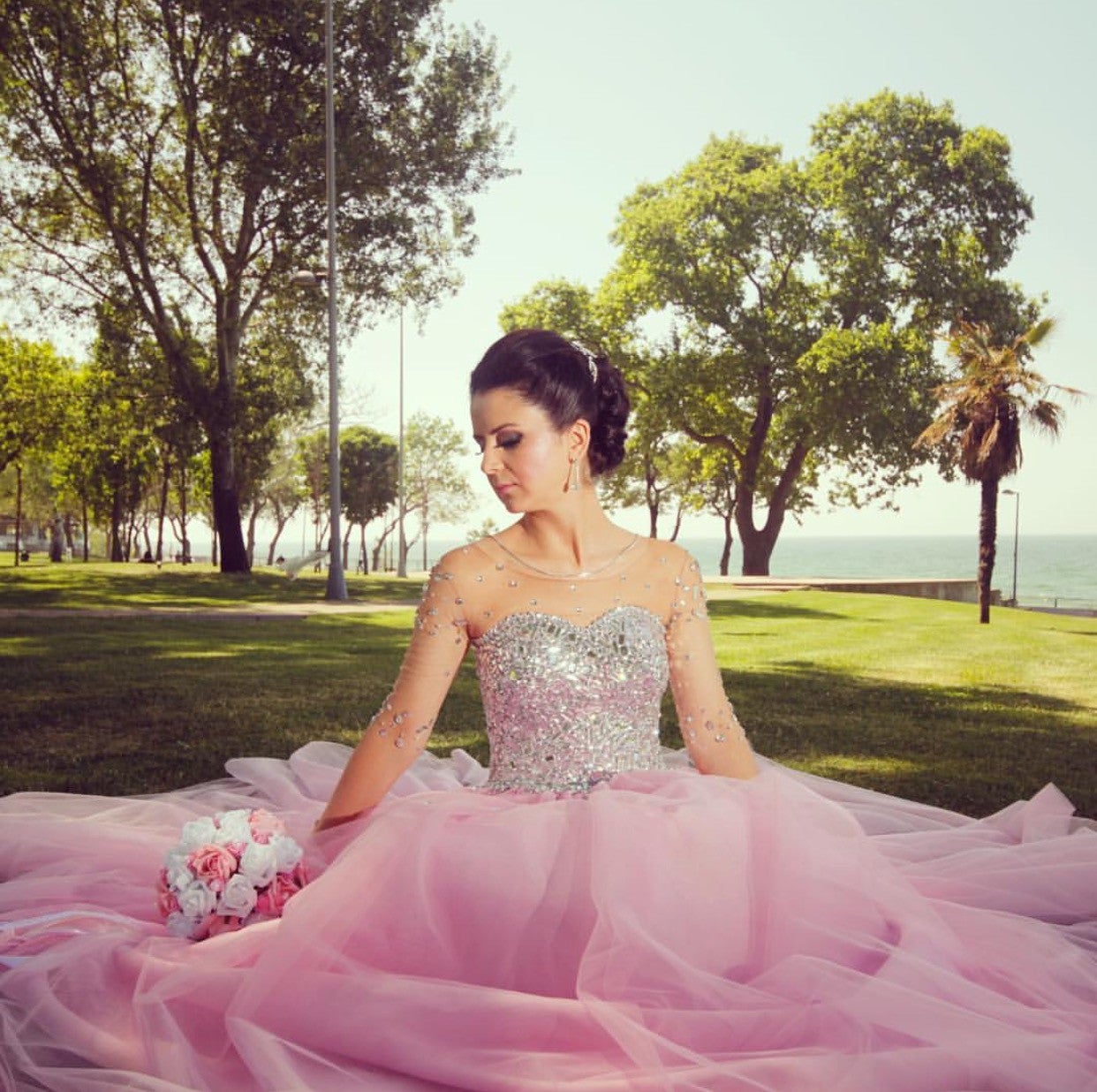 Illusion Long Sleeves Pink Tulle Wedding Dresses Crystal Beaded