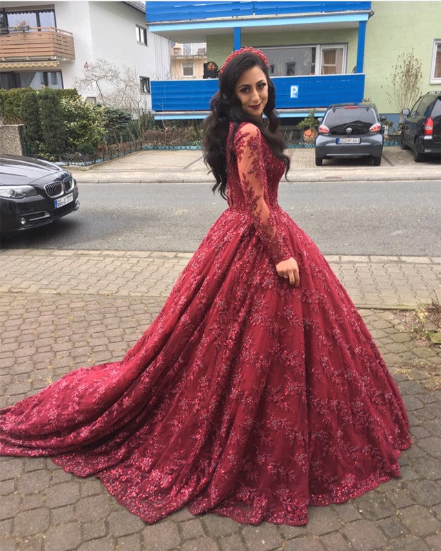 Illusion Long Sleeves V-neck Ball Gowns Lace Dresses