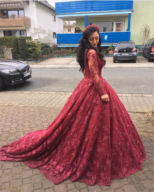 Illusion Long Sleeves V-neck Ball Gowns Lace Dresses
