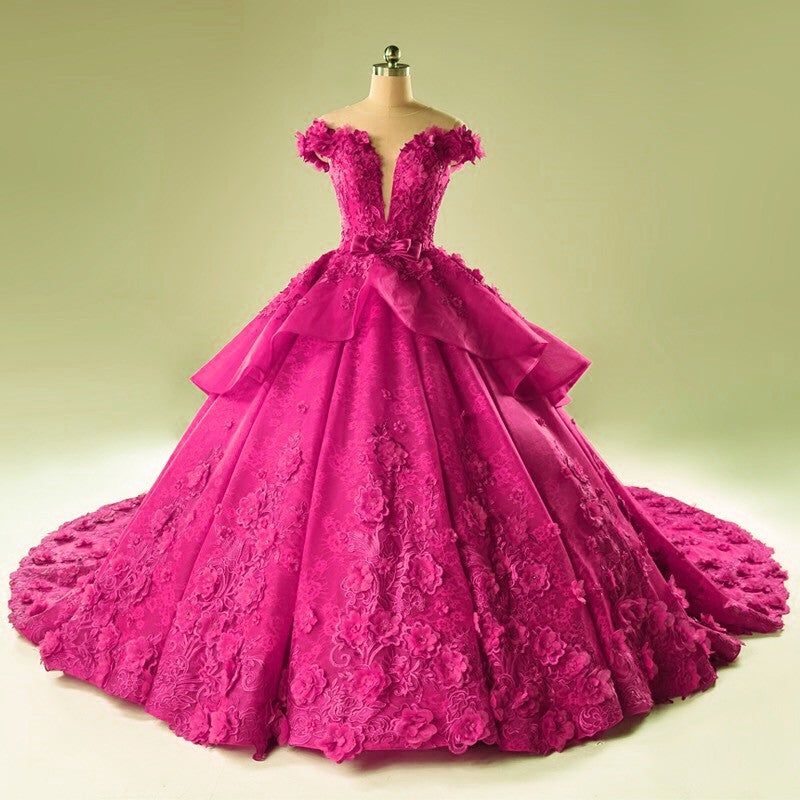 Illusion Neckline Cap Sleeves Floral Lace Ball Gowns Wedding Dresses