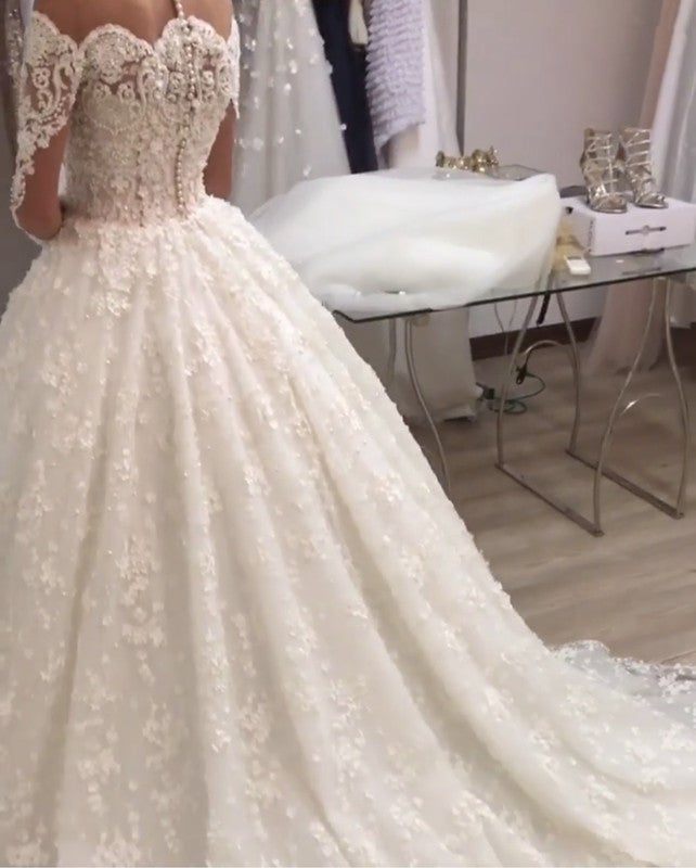 Illusion Neckline Long Sleeves Lace Wedding Dresses Ball Gowns