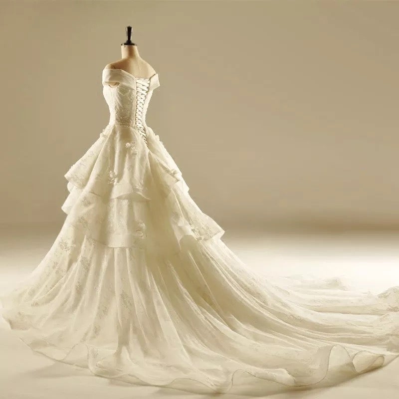 Ivory Lace A-line V Neck Off The Shoulder Wedding Dresses Princess