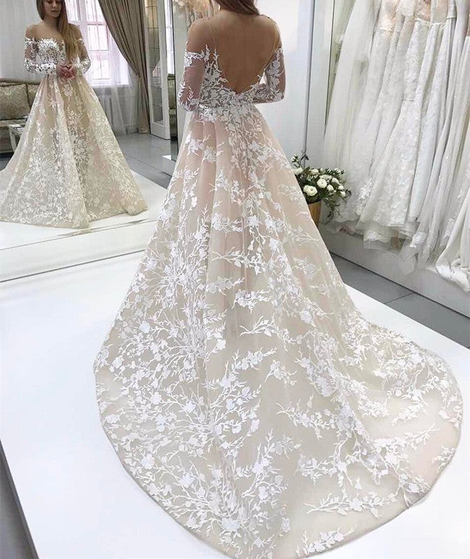 Ivory Lace Embroidery Nude Tulle Neckline Long Sleeves Wedding Dresses Champagne