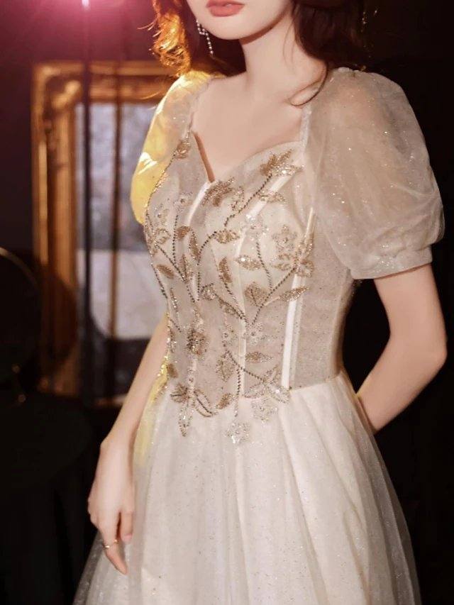 A-Line Luxurious Princess Engagement Prom Dress Off Shoulder Short Sleeve Floor Length Tulle with Appliques - RongMoon
