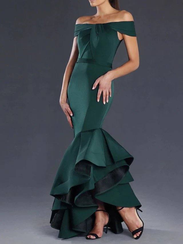 Mermaid / Trumpet Minimalist Sexy Engagement Prom Valentine's Day Dress Off Shoulder Sleeveless Asymmetrical Satin with Sleek Ruffles - RongMoon