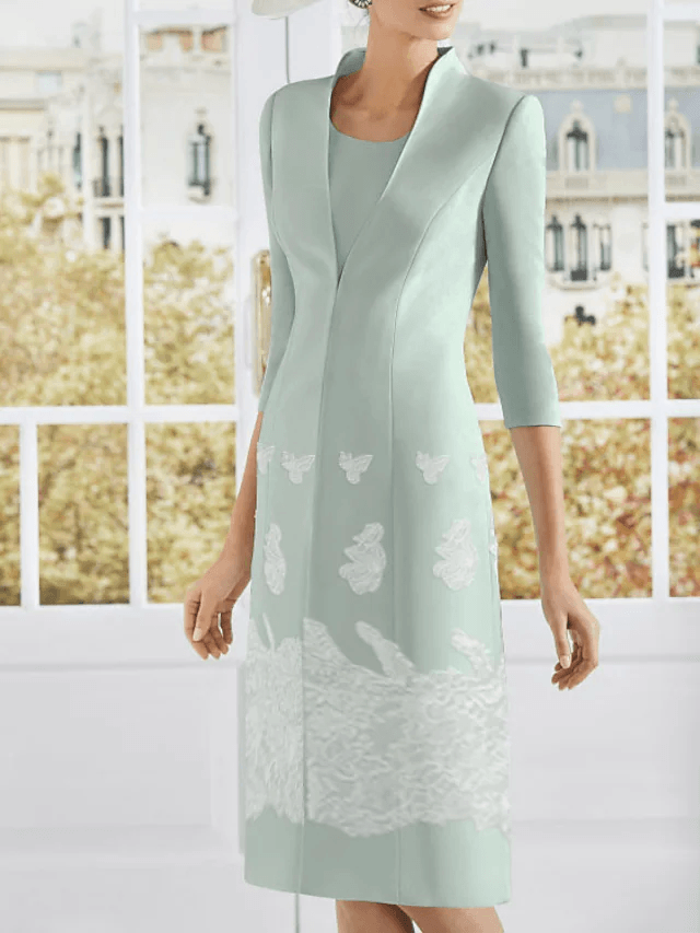 Two Piece Sheath / Column Mother of the Bride Dress Elegant Jewel Neck Knee Length Lace Satin 3/4 Length Sleeve with Appliques - RongMoon