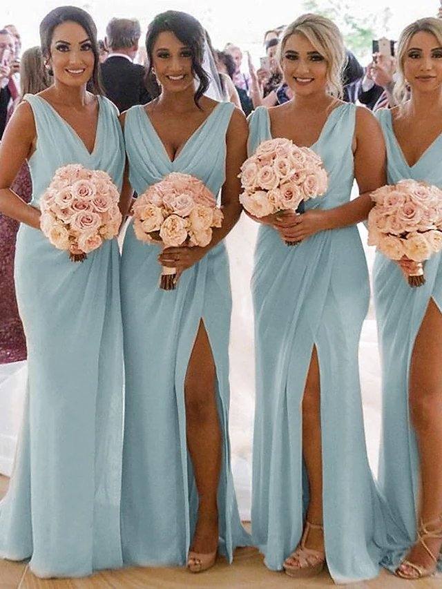 Mermaid / Trumpet V Neck Sweep / Brush Train Chiffon Bridesmaid Dress with Pleats / Split Front / Ruching - RongMoon