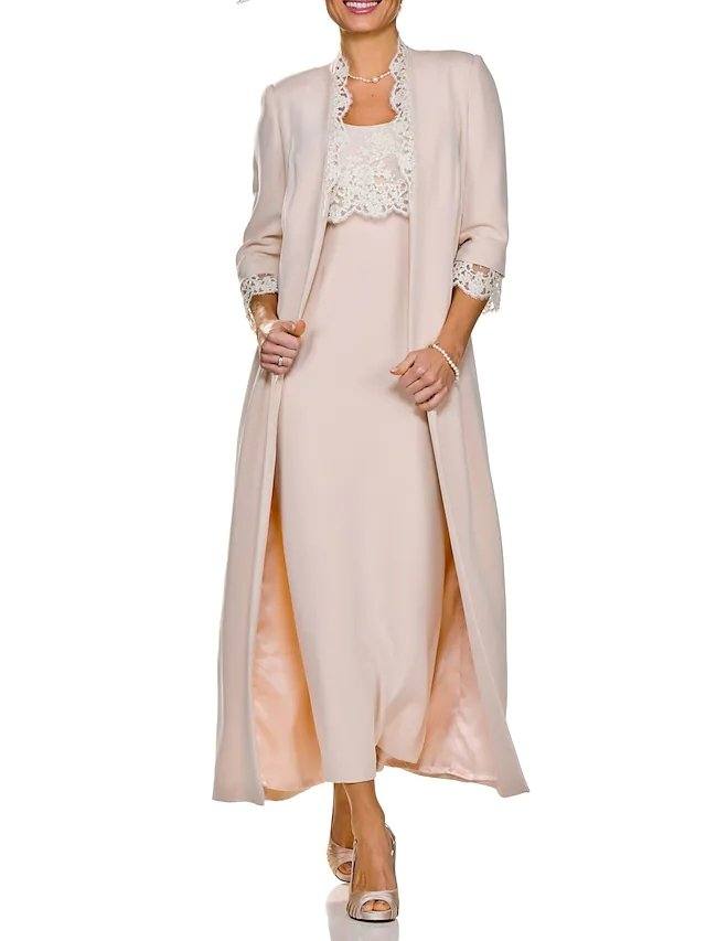 Two Piece Sheath / Column Mother of the Bride Dress Elegant Jewel Neck Ankle Length Lace Stretch Fabric Sleeveless with Appliques - RongMoon