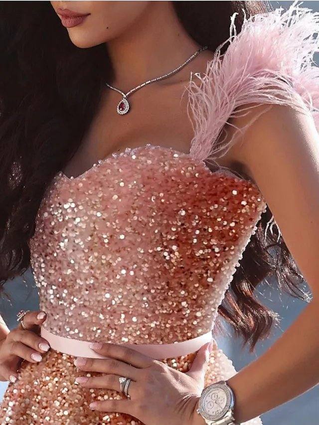 A-Line Glittering Sexy Homecoming Cocktail Party Dress Sweetheart Neckline Sleeveless Short / Mini Sequined with Feather Sequin - RongMoon