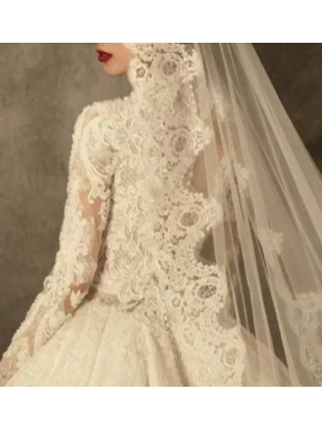 A-Line Wedding Dresses Jewel Neck Sweep / Brush Train Lace Tulle Long Sleeve Vintage Luxurious with Appliques - RongMoon