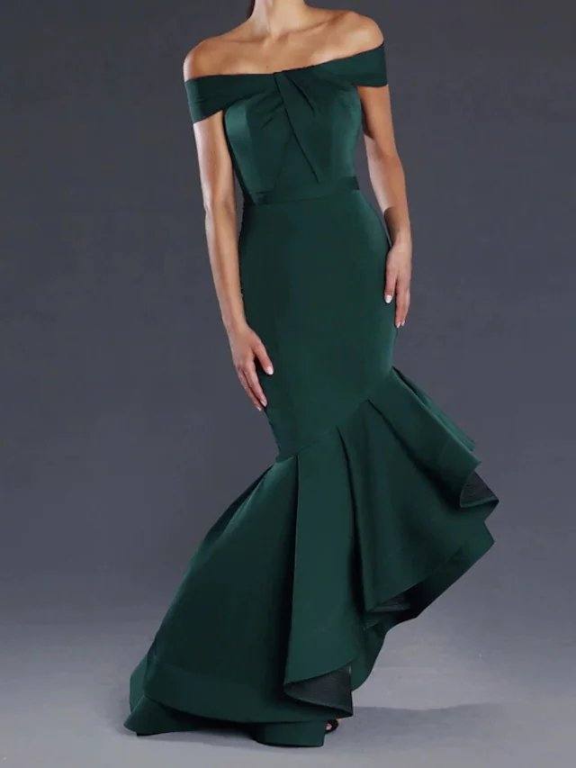 Mermaid / Trumpet Minimalist Sexy Engagement Prom Valentine's Day Dress Off Shoulder Sleeveless Asymmetrical Satin with Sleek Ruffles - RongMoon