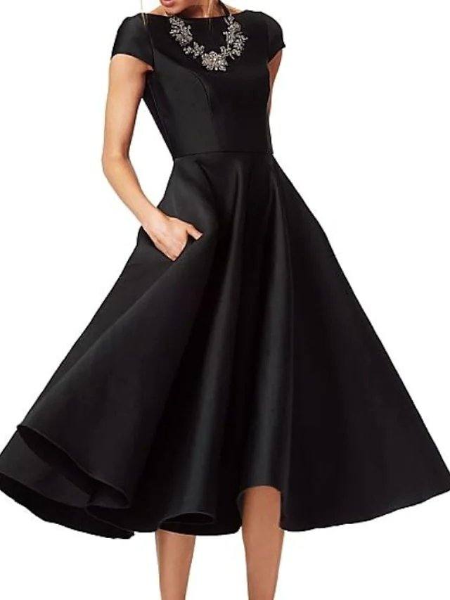 A-Line Mother of the Bride Dress Elegant Jewel Neck Tea Length Satin Short Sleeve with Ruching - RongMoon