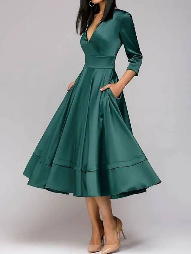 A-Line Mother of the Bride Dress Elegant V Neck Tea Length Satin 3/4 Length Sleeve with Pleats - RongMoon