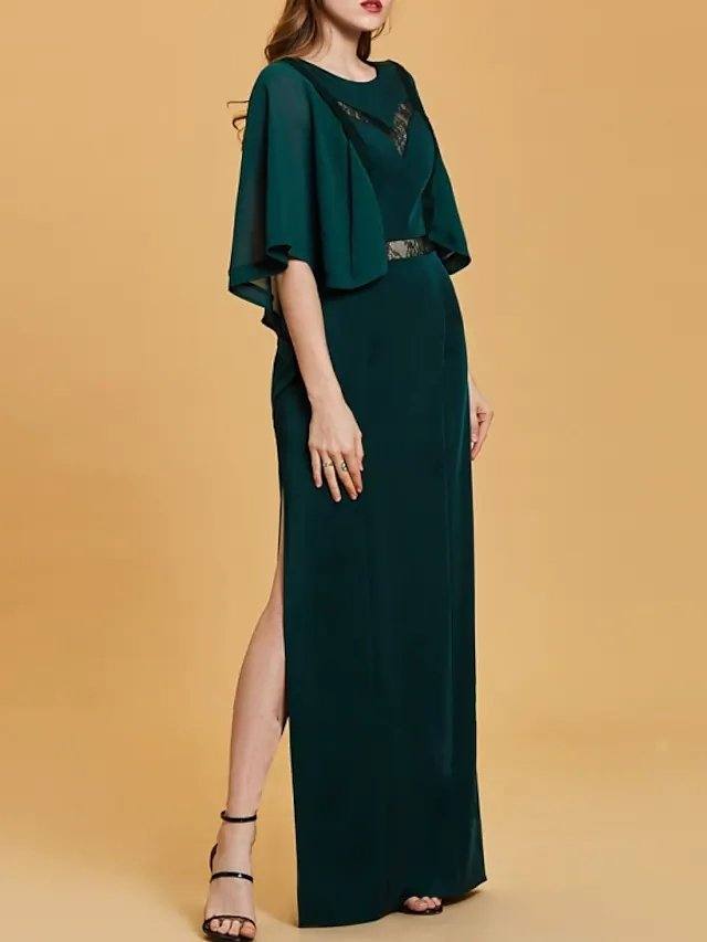 Sheath / Column Mother of the Bride Dress Elegant Jewel Neck Floor Length Chiffon Lace 3/4 Length Sleeve with Split Front - RongMoon