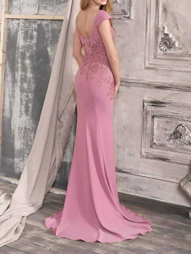Mermaid / Trumpet Beautiful Back Sexy Engagement Formal Evening Dress Boat Neck Sleeveless Court Train Lace Stretch Satin with Appliques - RongMoon