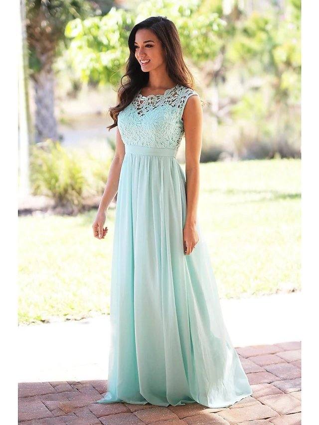 A-Line Jewel Neck Floor Length Chiffon / Lace Bridesmaid Dress with Sash / Ribbon / Pleats - RongMoon