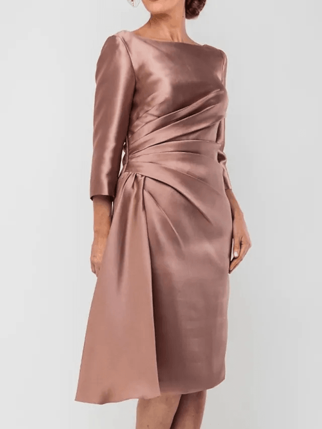 Sheath / Column Mother of the Bride Dress Elegant Jewel Neck Knee Length Satin 3/4 Length Sleeve with Split Front Ruching - RongMoon