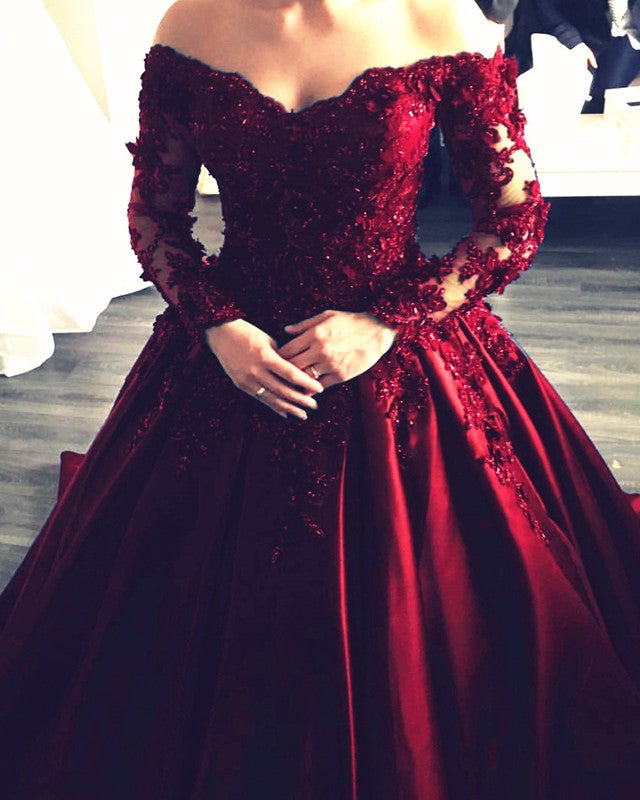 Lace Appliques Long Sleeves Ball Gowns Wedding Dresses Off Shoulder
