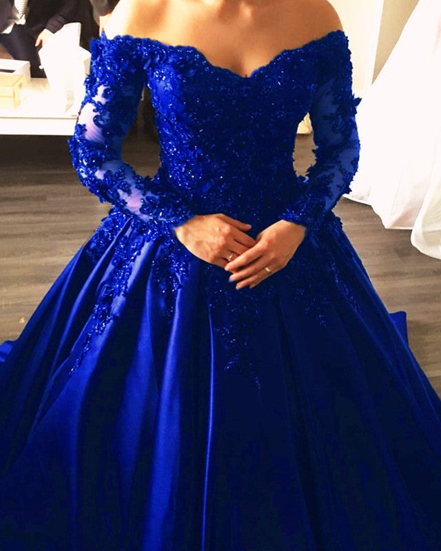 Lace Appliques Long Sleeves Ball Gowns Wedding Dresses Off Shoulder